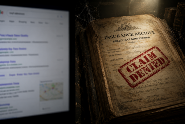 Split image of a Google search results page beside a weathered insurance claims ledger stamped "Claim Denied," illustrating the overlap between AI-generated Google Ads and insurance coverage gaps.