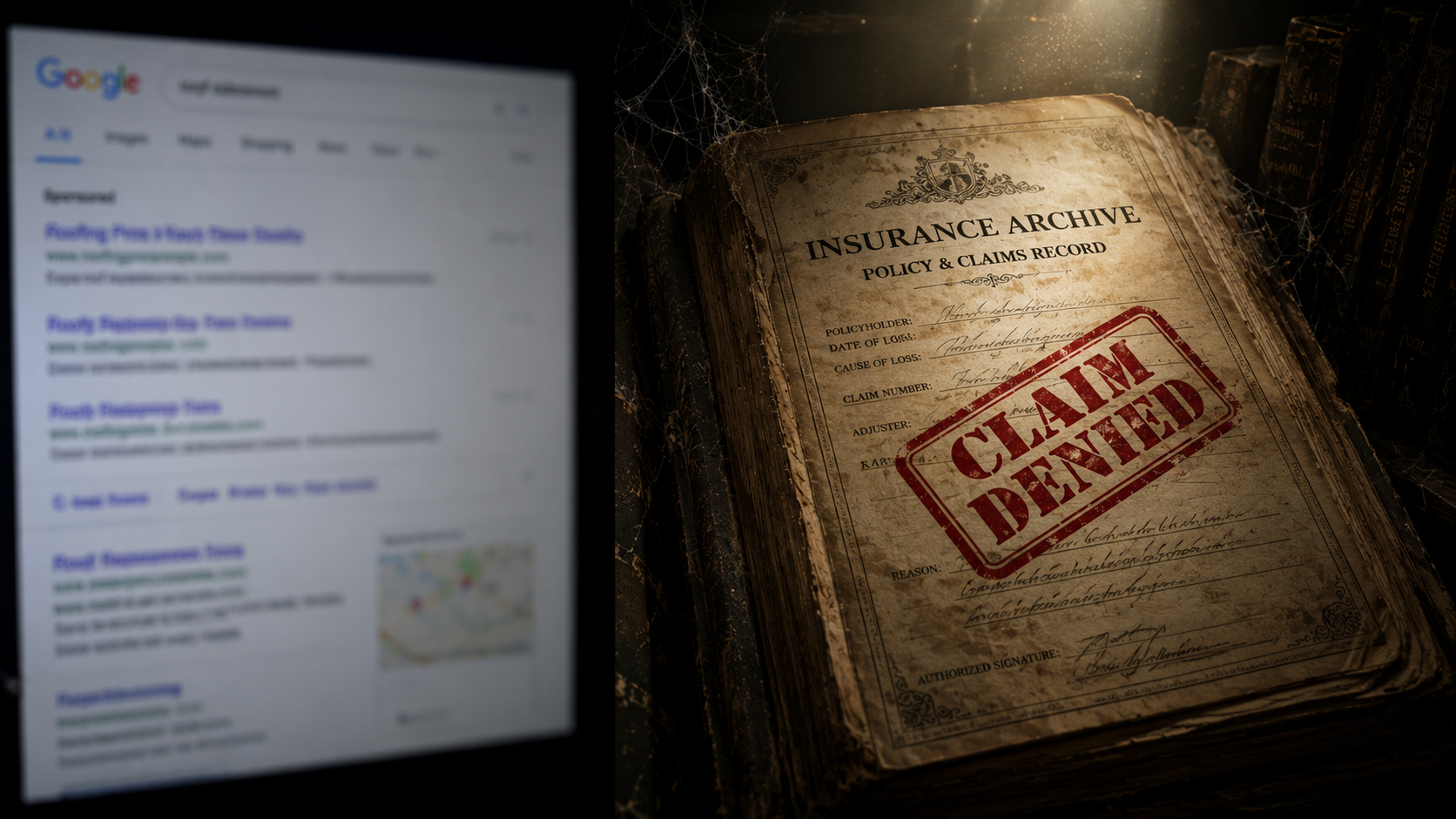 Split image of a Google search results page beside a weathered insurance claims ledger stamped "Claim Denied," illustrating the overlap between AI-generated Google Ads and insurance coverage gaps.